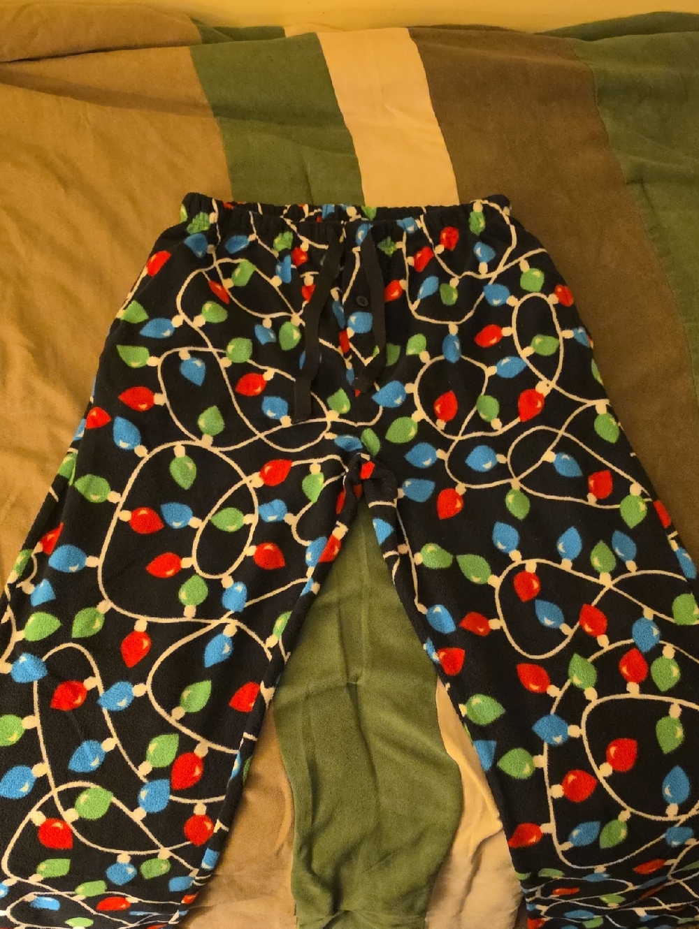 Holiday Light Print Fleece Pajama Pants - Black with Red, Blue & Green